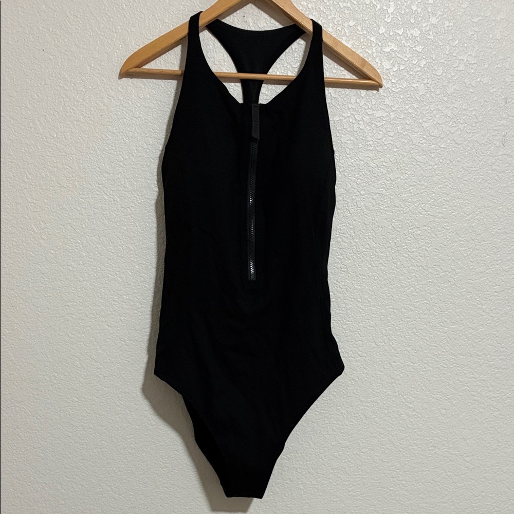 Fabletics Black High Tide Front-Zip One-Piece Swimsuit